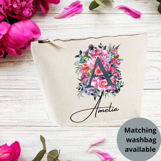 Personalised Grey Initial Floral print Washbag, Medium size washbag for her, Perfect gift for her - Bijoux Lucy