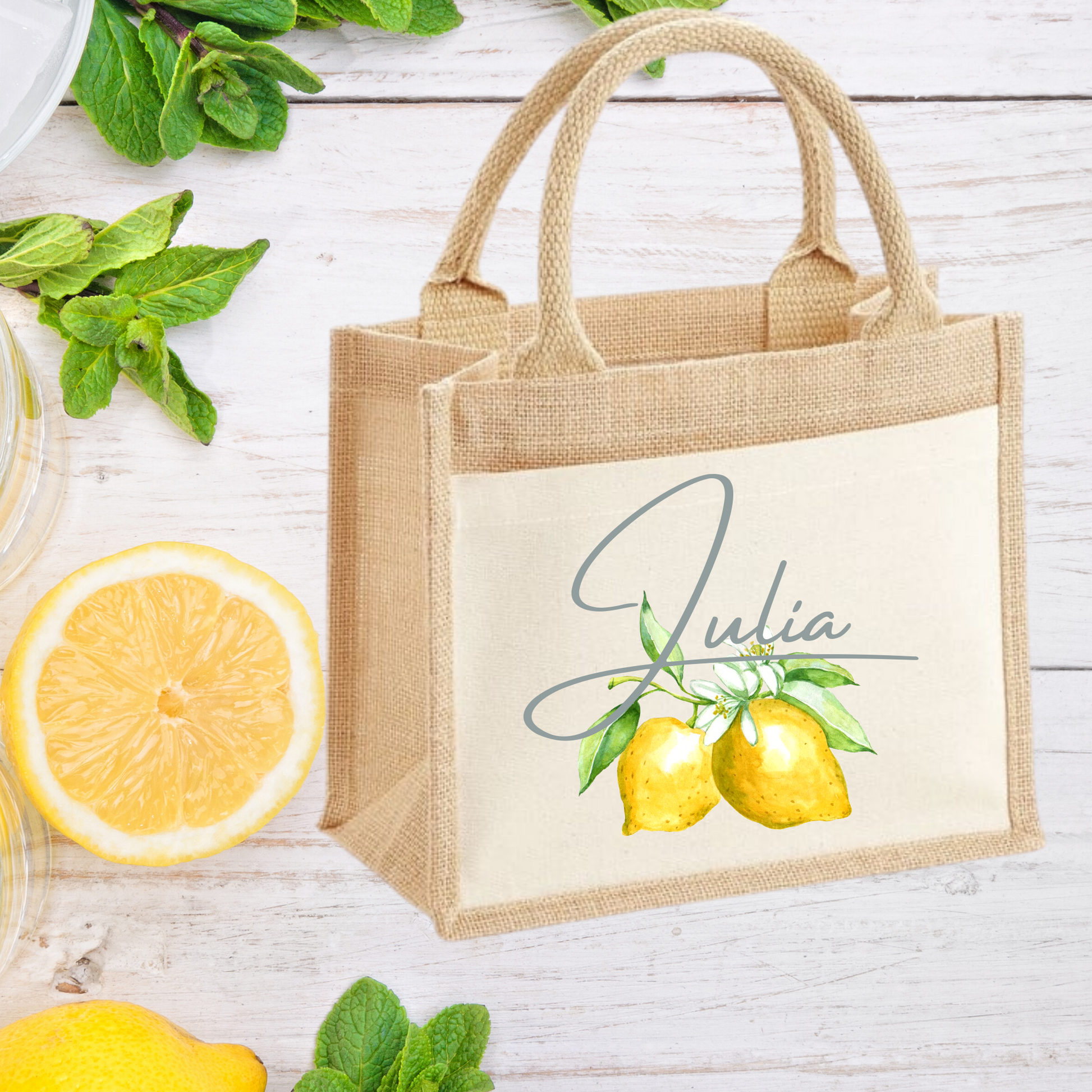 Personalised Lemon Print Jute Bag with front pocket - Bijoux Lucy