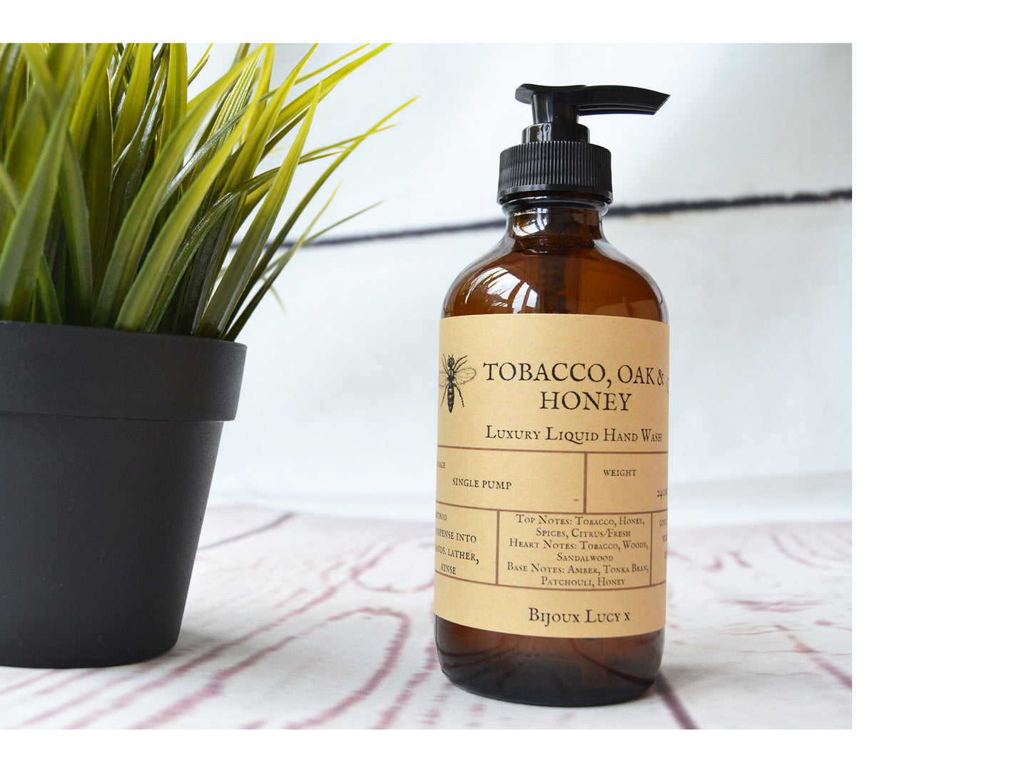 Luxury Hand Wash, Tobacco Oak and Honey, Liquid Hand Wash, Hand Sanitizer, Eco Friendly, Glass Bottle, Pump Bottle - Bijoux Lucy