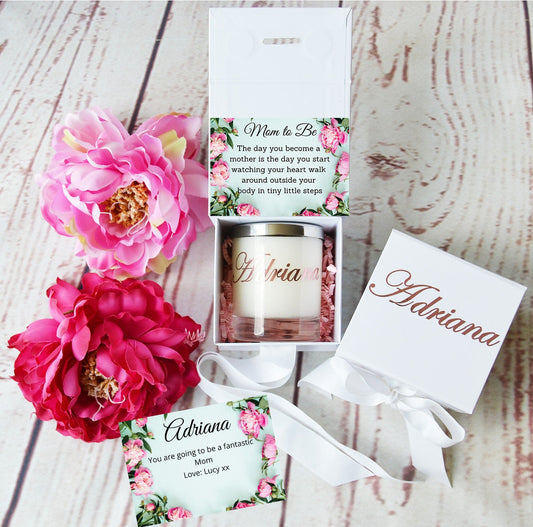 Pregnancy gift for mom Gift for Friends. Gifts for expectant mother. Gift Box with Ribbon. Personalised Candle, Luxury Candle, Custom Candle - Bijoux Lucy