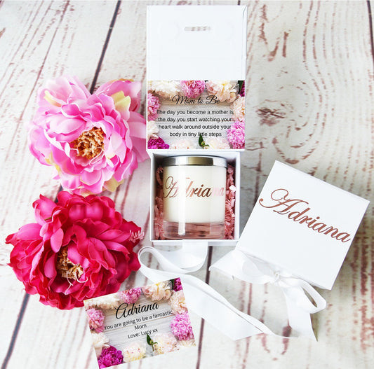 CONGRATULATIONS PREGNANCY GIFT.  Gifts for expectant mother. Gift Box with Ribbon. Personalised Candle, Luxury Candle, Custom Candle - Bijoux Lucy