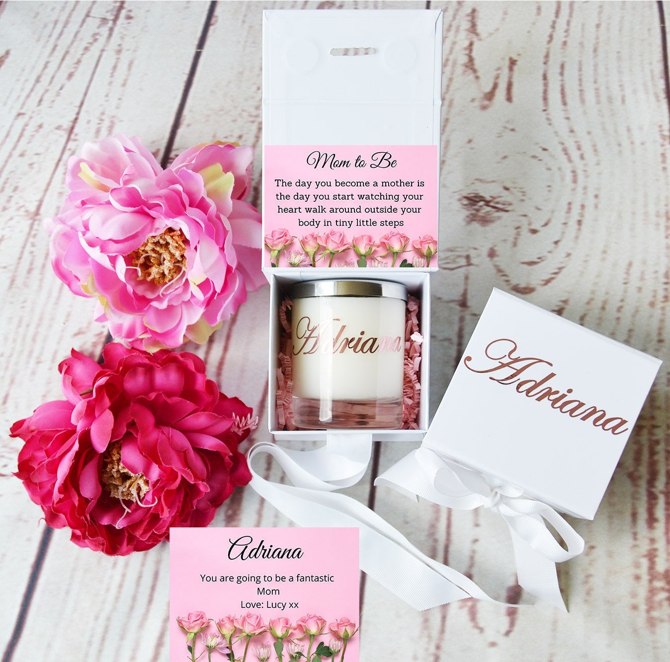 New Mom Gift. Gift for Friends. Pregnancy gift, Gifts for expectant mother. Gift Box with Ribbon. Personalised Candle,  Custom Candle - Bijoux Lucy