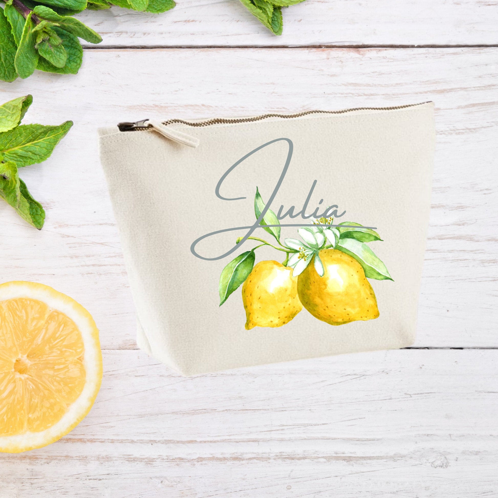 Personalized Lemon Bridesmaid Pouch Makeup Bag Bridesmaid Cosmetic Bag Makeup Organizer Toiletry Bag Gold Bridesmaid Bag Canvas Pouch,Amalfi - Bijoux Lucy